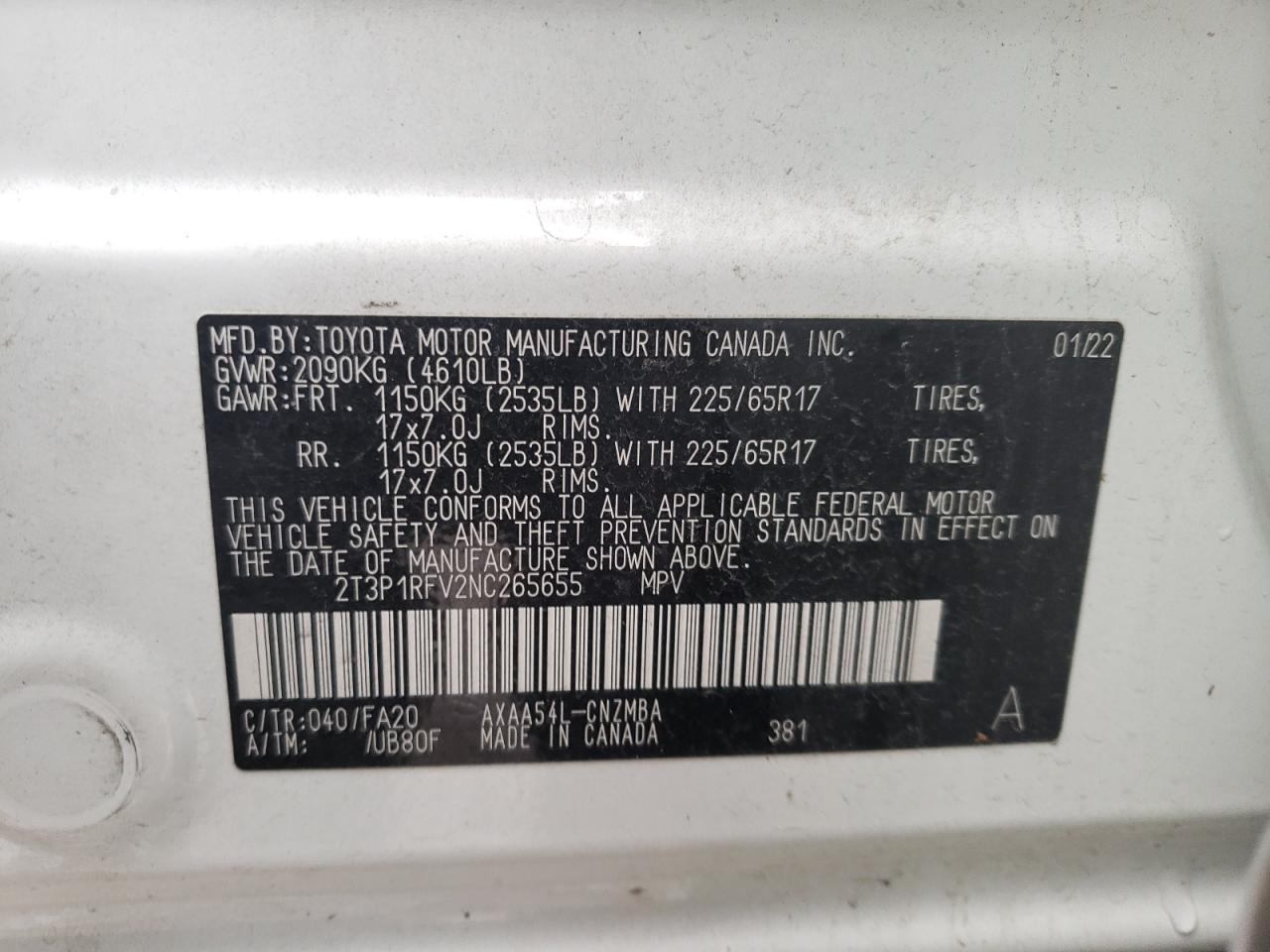 2022 TOYOTA RAV4 XLE VIN:2T3P1RFV2NC265655