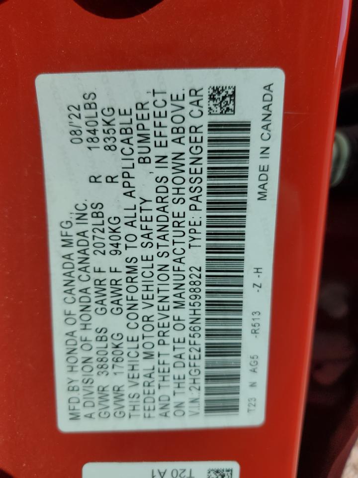 2022 HONDA CIVIC SPORT VIN:2HGFE2F56NH598822