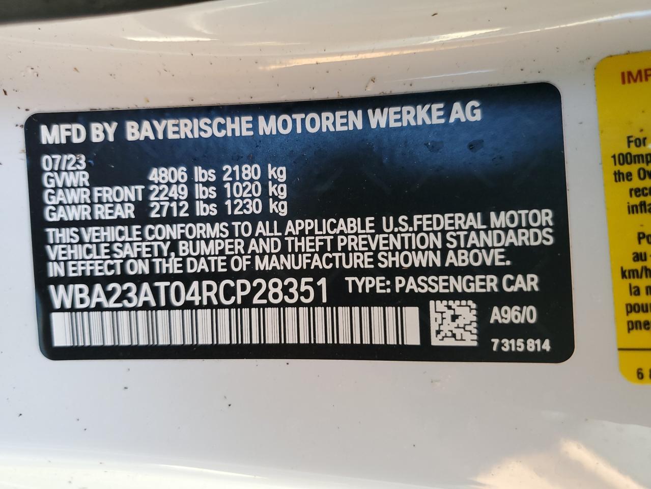 2024 BMW 430I  VIN:WBA23AT04RCP28351