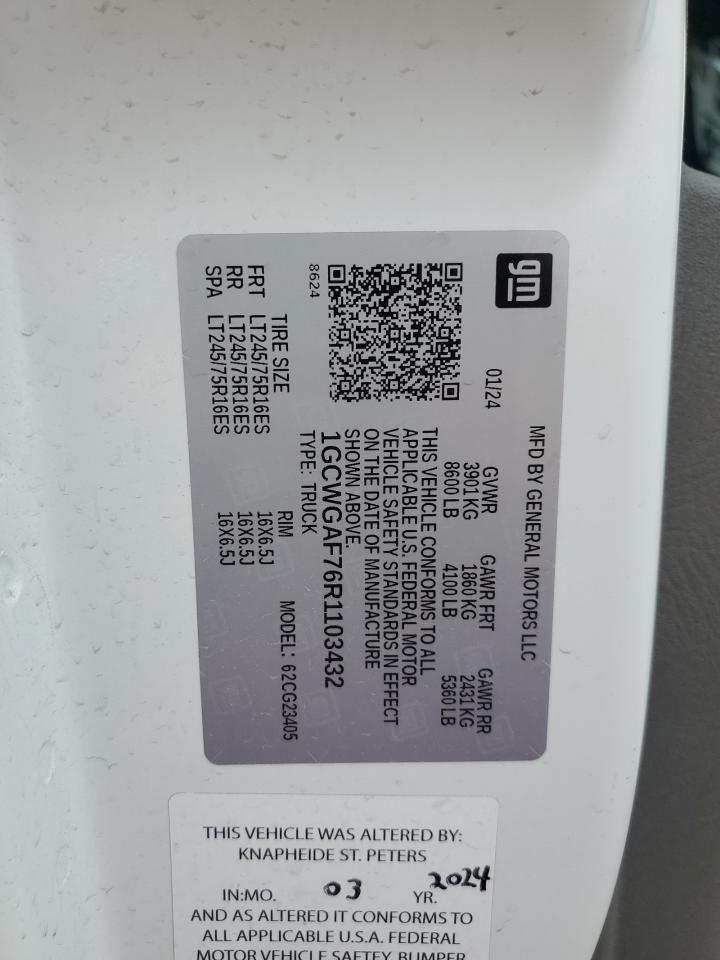 2024 CHEVROLET EXPRESS G2500  VIN:1GCWGAF76R1103432