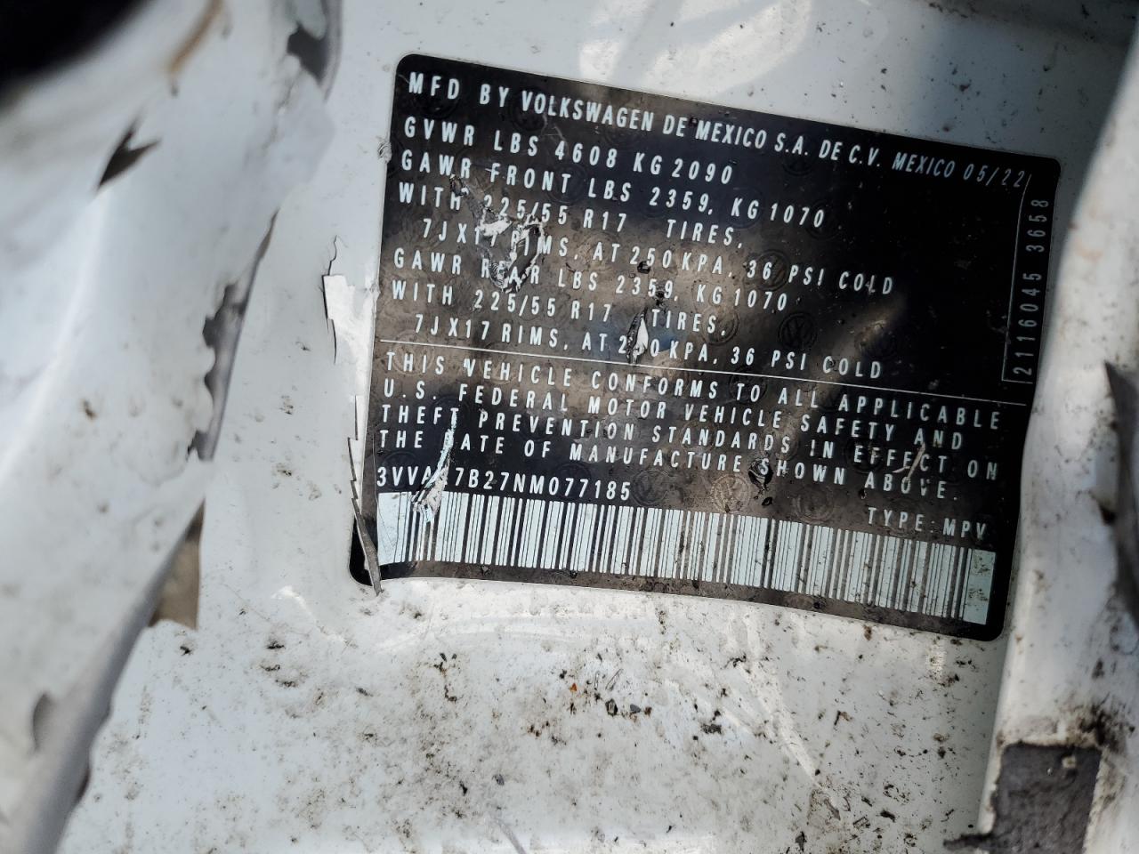 2022 VOLKSWAGEN TAOS S VIN:3VVAX7B27NM077185