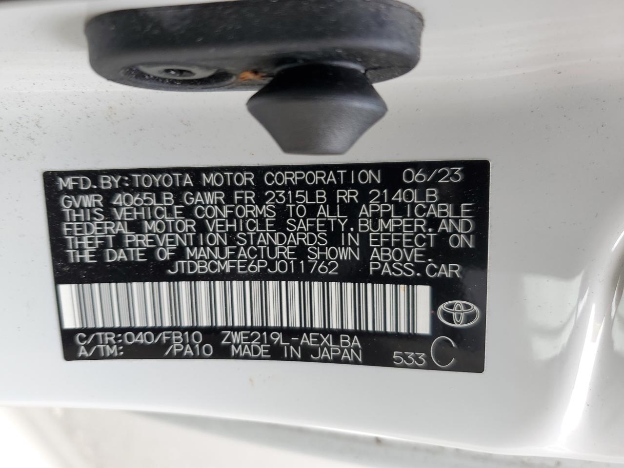 2023 TOYOTA COROLLA LE VIN:JTDBCMFE6PJ011762