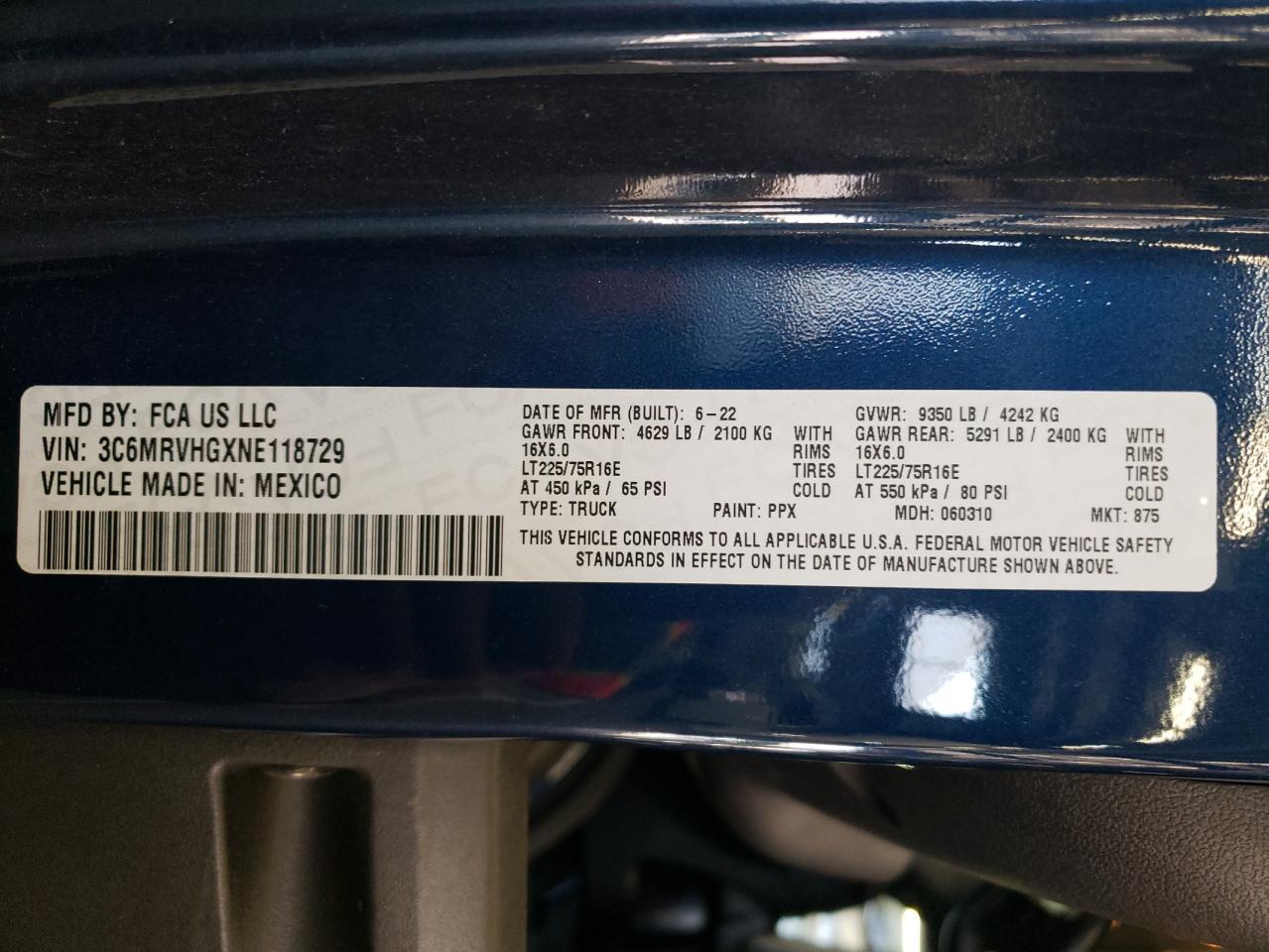 2022 RAM PROMASTER 3500 3500 HIGH VIN:3C6MRVHGXNE118729