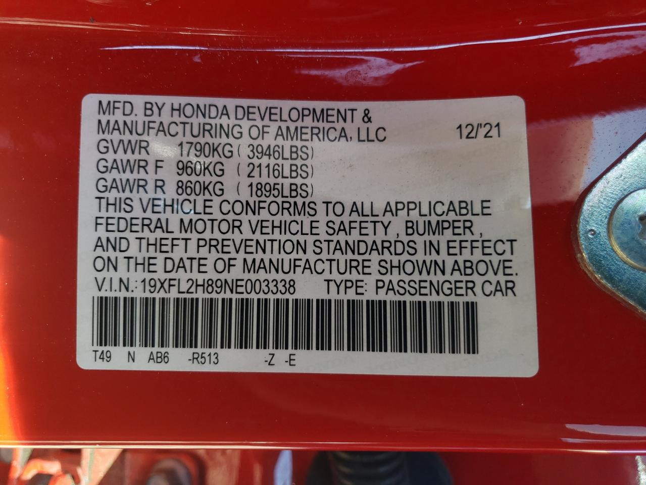 2022 HONDA CIVIC SPORT VIN:19XFL2H89NE003338