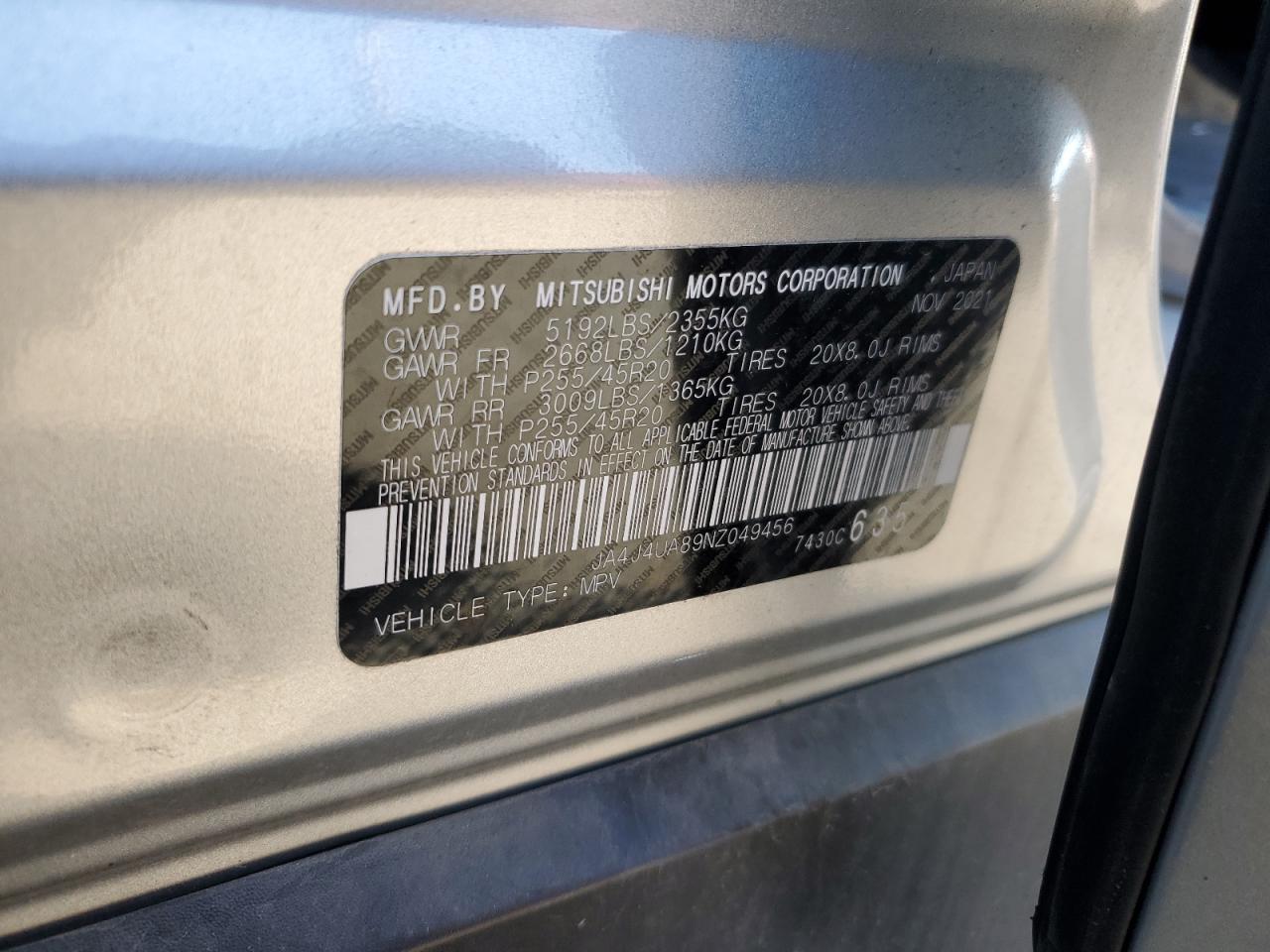 2022 MITSUBISHI OUTLANDER SE VIN:JA4J4UA89NZ049456