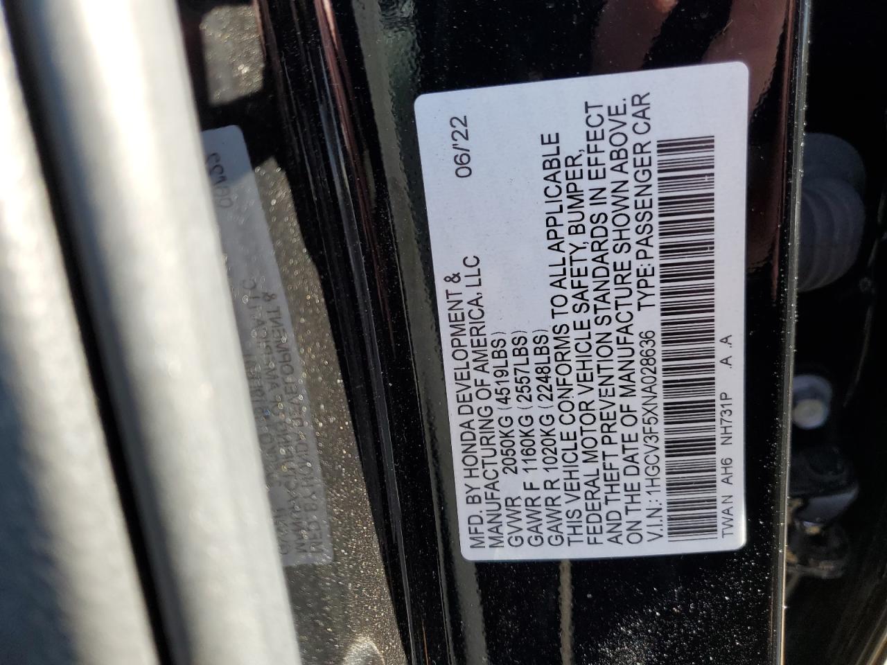 2022 HONDA ACCORD HYBRID EXL VIN:1HGCV3F5XNA028636