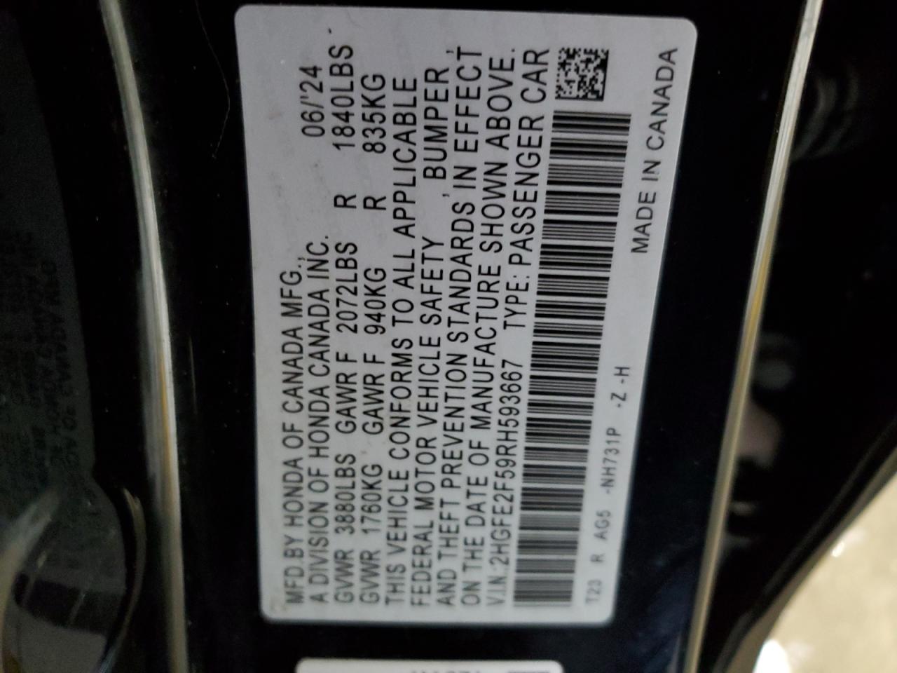 2024 HONDA CIVIC SPORT VIN:2HGFE2F59RH593667