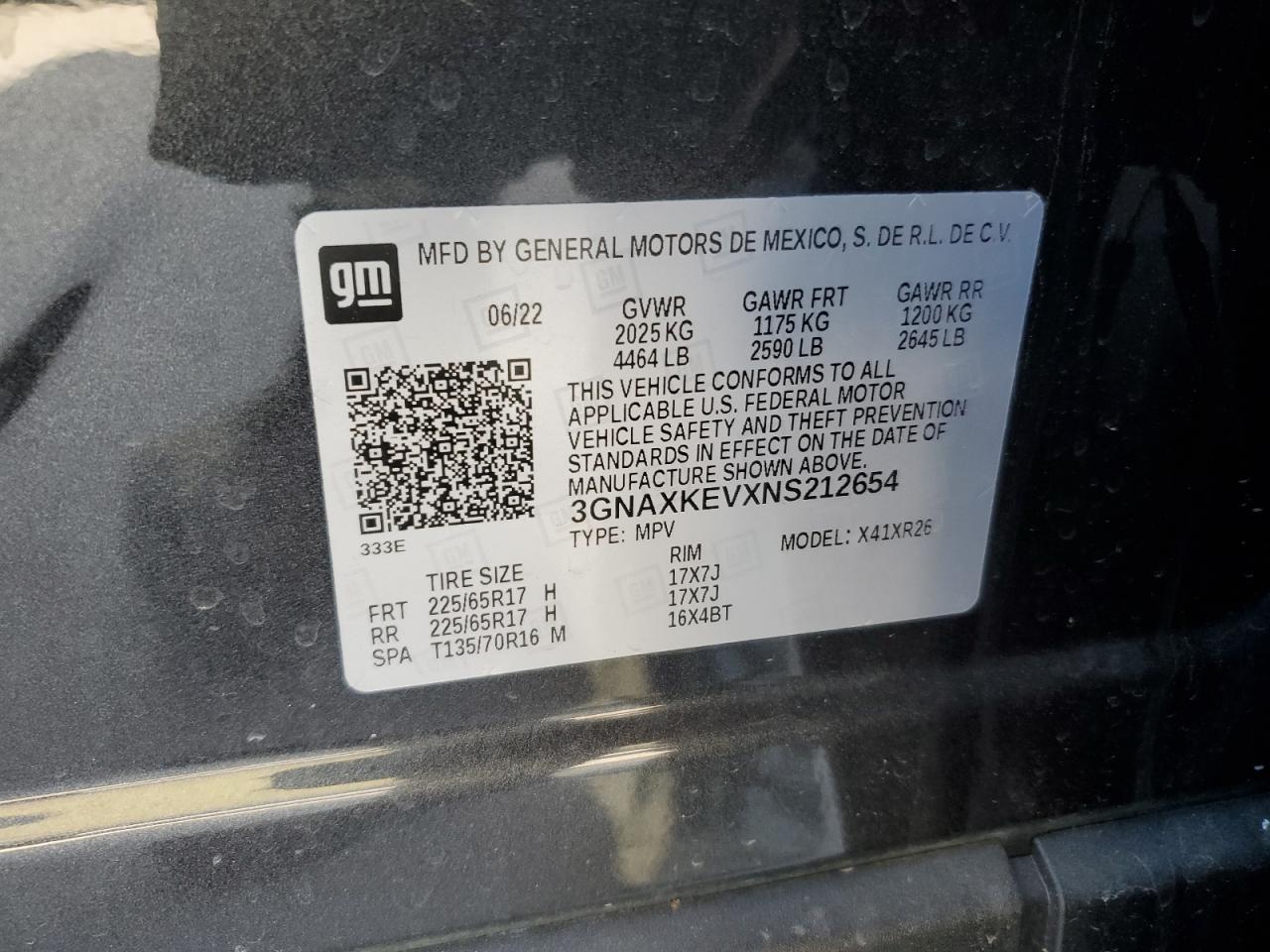 2022 CHEVROLET EQUINOX LT VIN:3GNAXKEVXNS212654