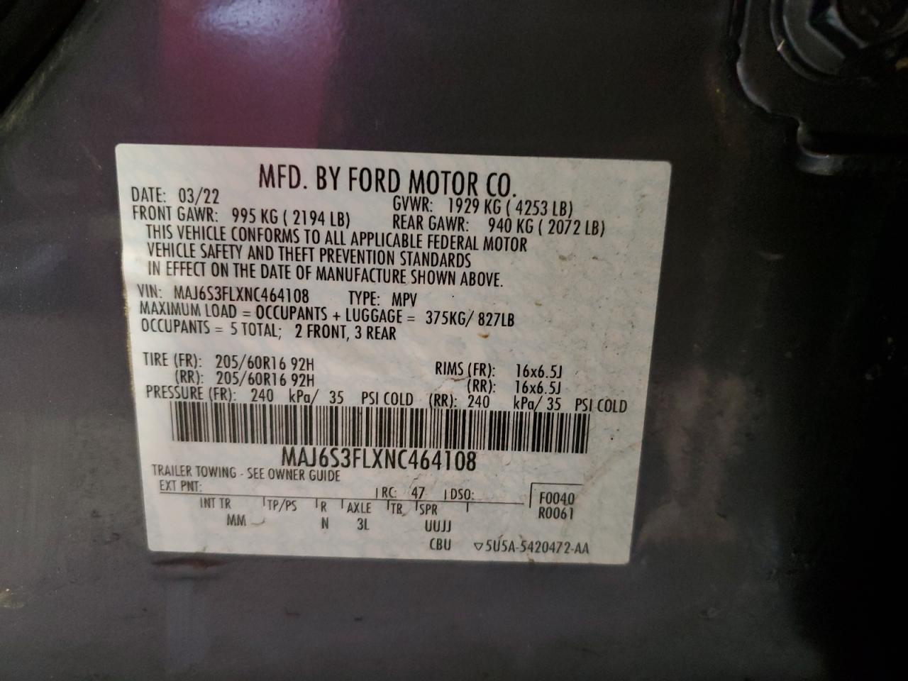 2022 FORD ECOSPORT S VIN:MAJ6S3FLXNC464108