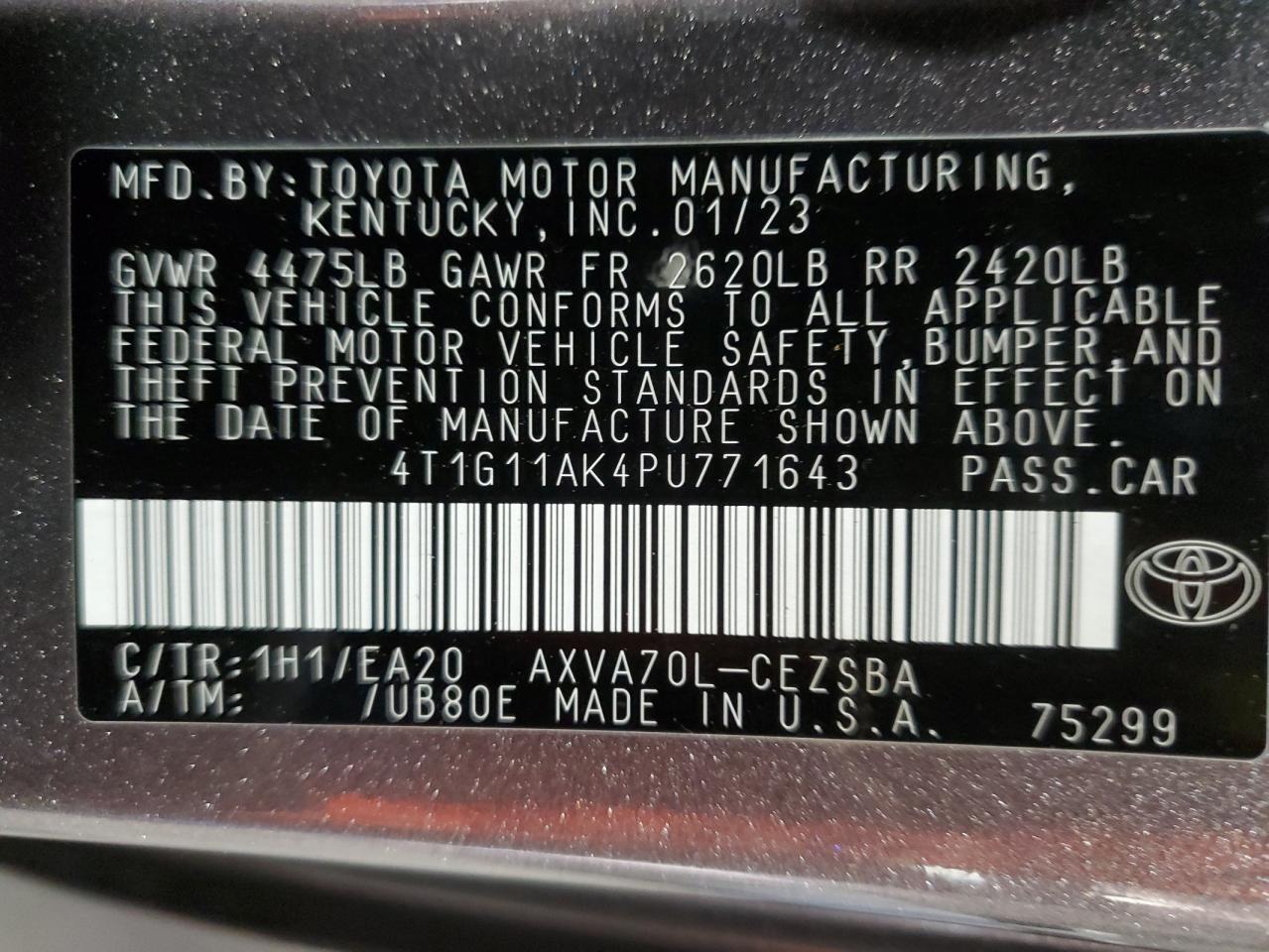 2023 TOYOTA CAMRY SE NIGHT SHADE VIN:4T1G11AK4PU771643