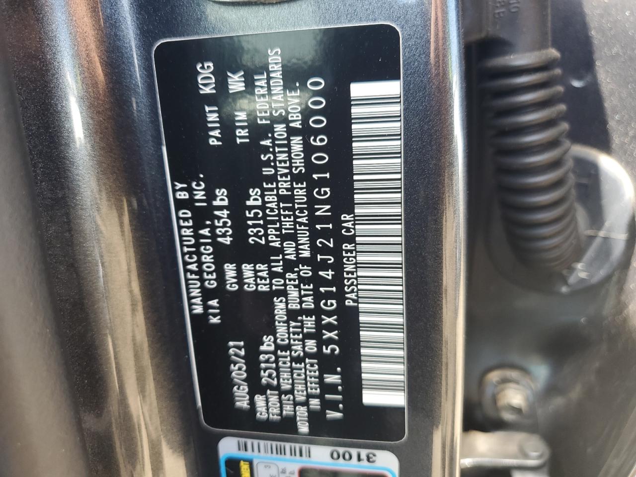2022 KIA K5 LXS VIN:5XXG14J21NG106000