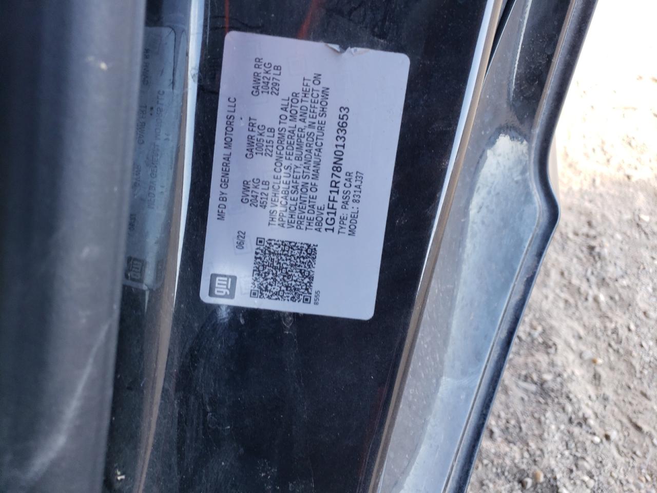 2022 CHEVROLET CAMARO LT1 VIN:1G1FF1R78N0133653