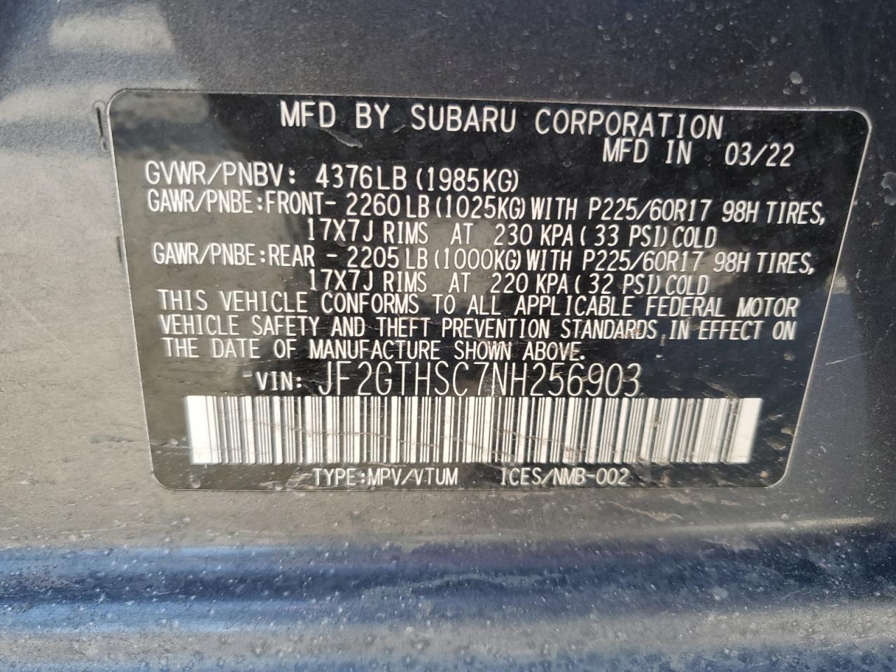 2022 SUBARU CROSSTREK SPORT VIN:JF2GTHSC7NH256903