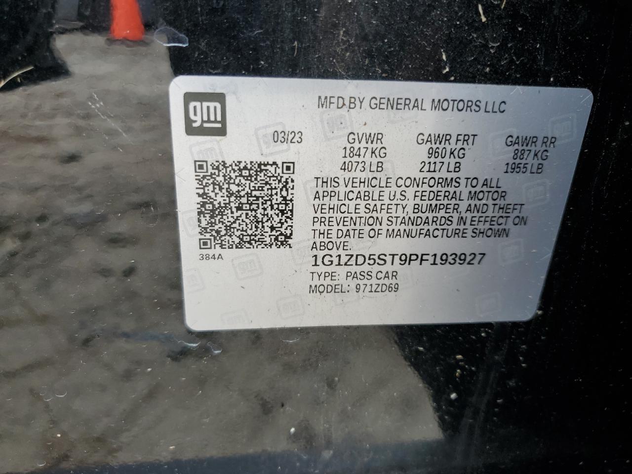 2023 CHEVROLET MALIBU LT VIN:1G1ZD5ST9PF193927