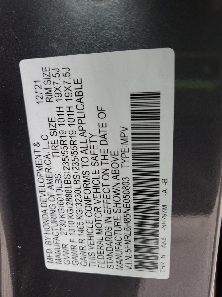 2022 HONDA ODYSSEY TOURING VIN:5FNRL6H85NB050803