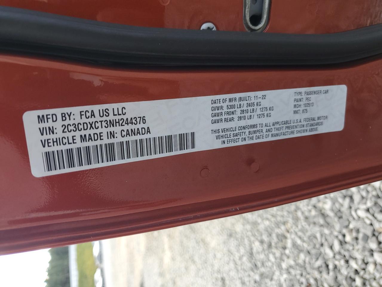 2022 DODGE CHARGER R/T VIN:2C3CDXCT3NH244376