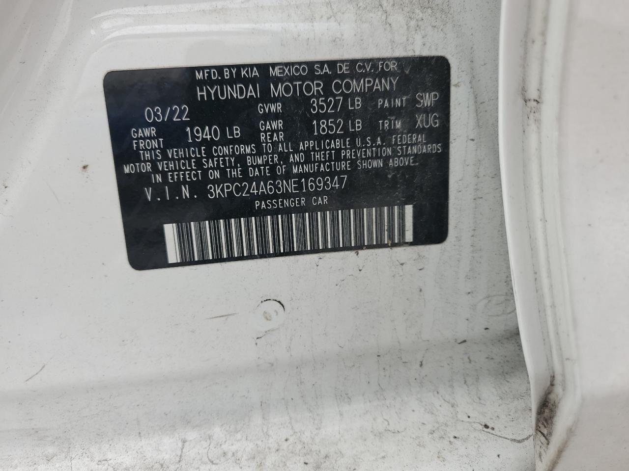 2022 HYUNDAI ACCENT SE VIN:3KPC24A63NE169347