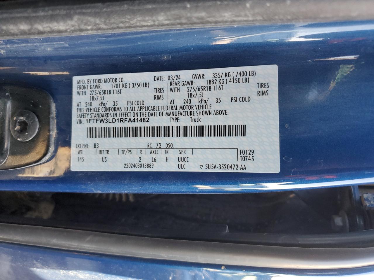 2024 FORD F150 XLT VIN:1FTFW3LD1RFA41482