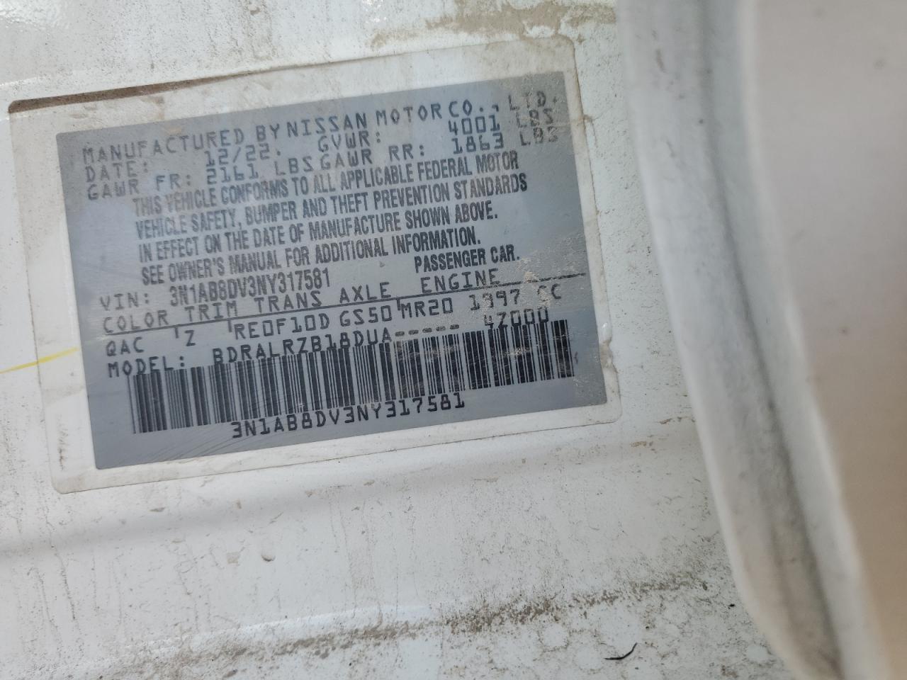 2022 NISSAN SENTRA SR VIN:3N1AB8DV3NY317581
