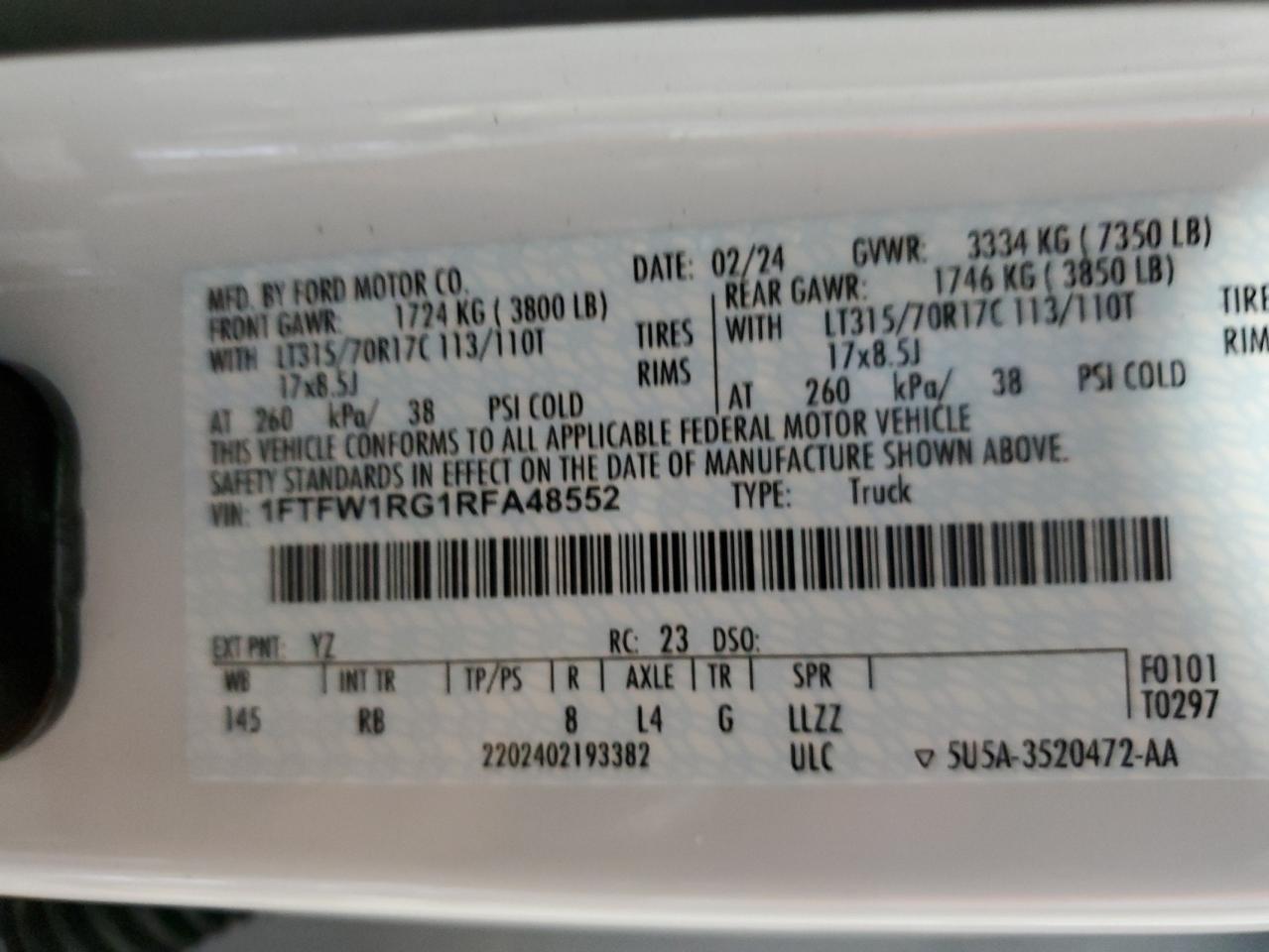 2024 FORD F150 RAPTOR VIN:1FTFW1RG1RFA48552
