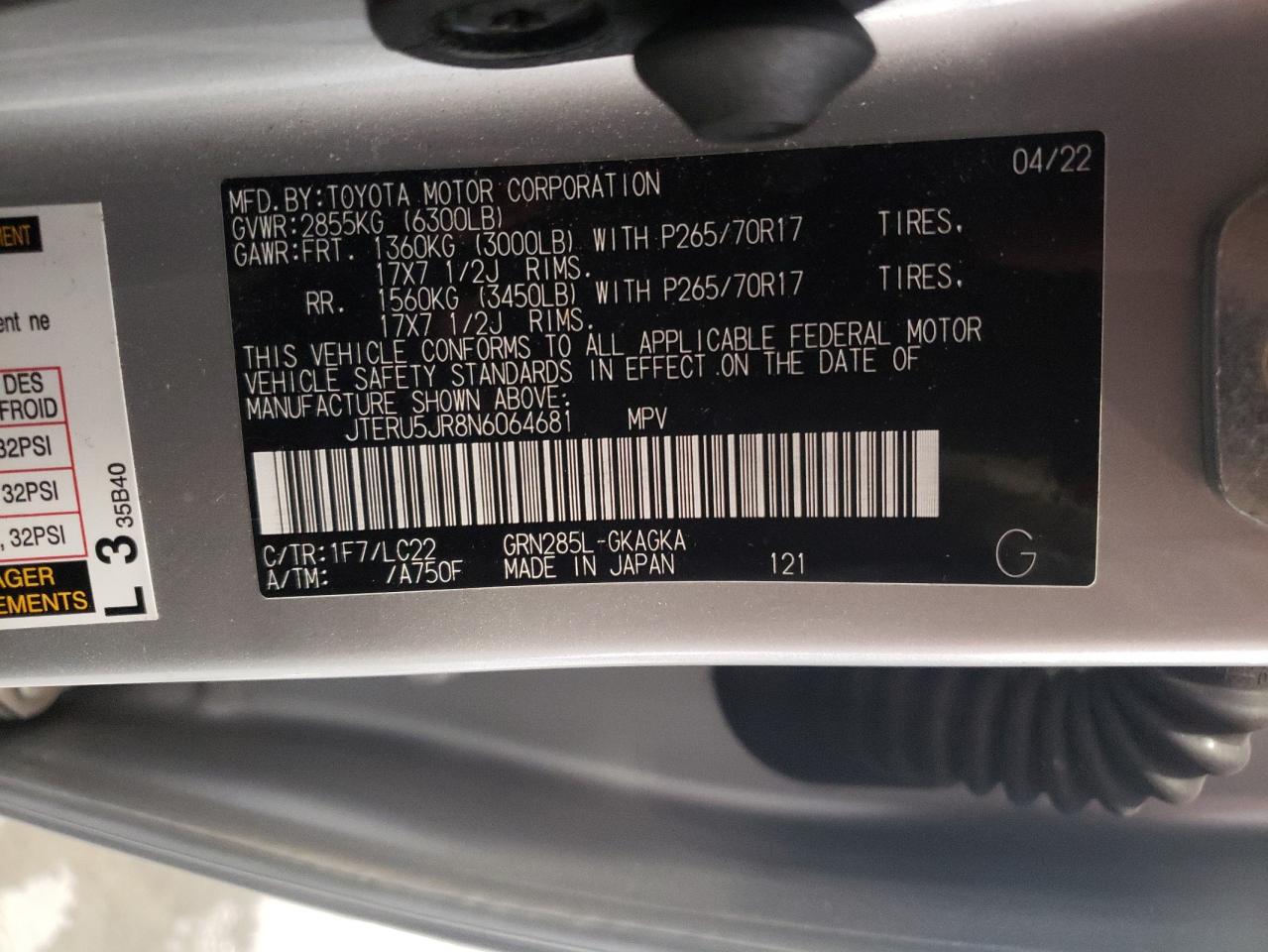 2022 TOYOTA 4RUNNER SR5 PREMIUM VIN:JTERU5JR8N6064681