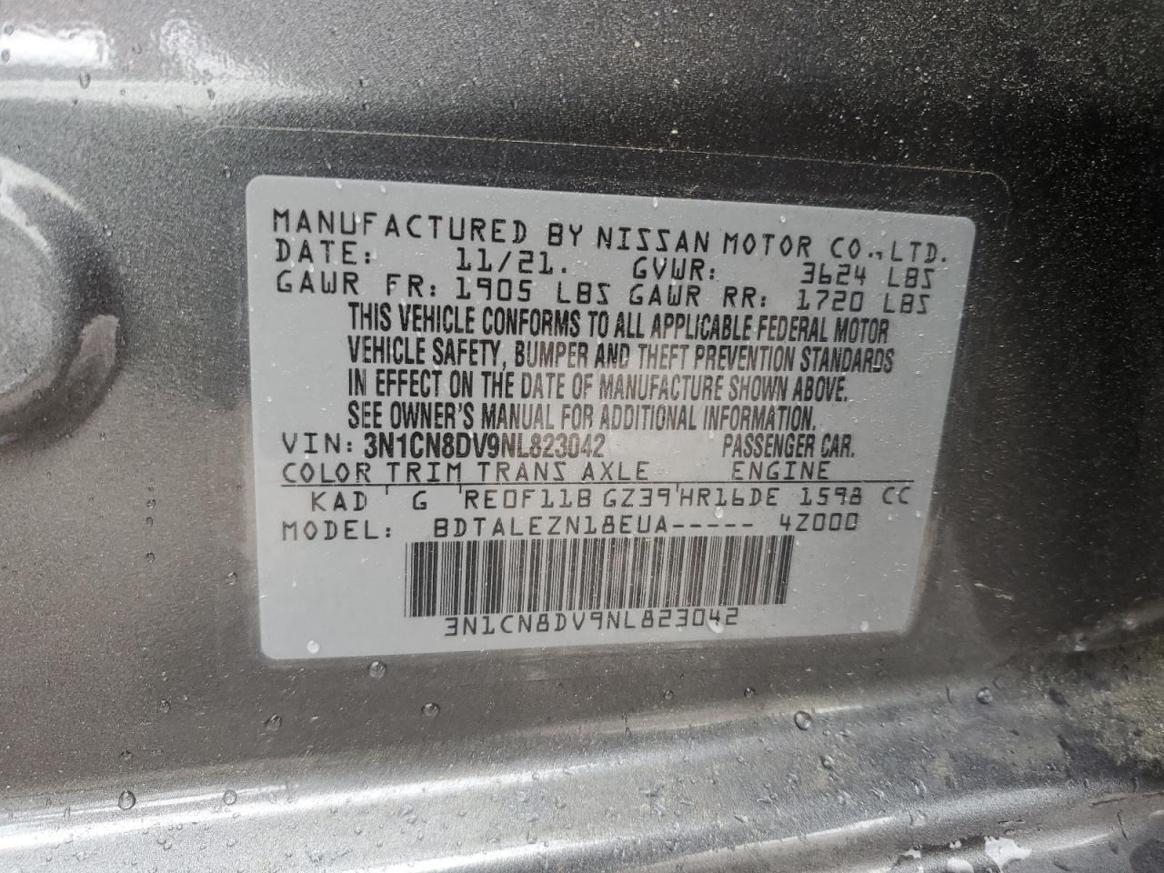 2022 NISSAN VERSA S VIN:3N1CN8DV9NL823042