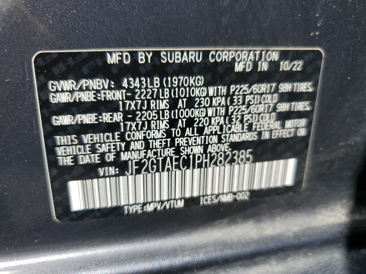 2023 SUBARU CROSSTREK PREMIUM VIN:JF2GTAEC1PH282385