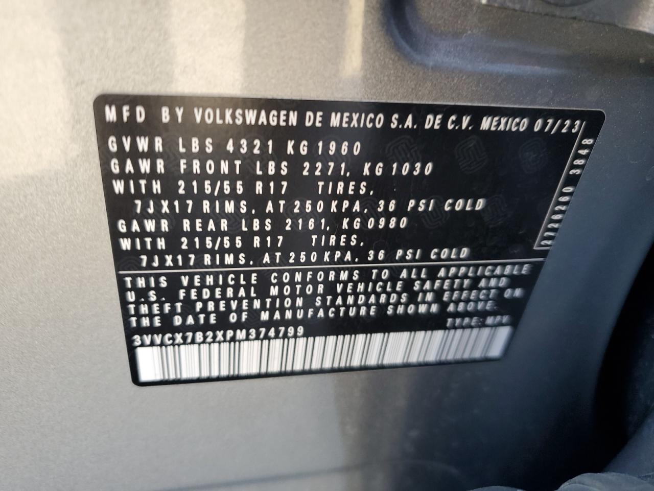 2023 VOLKSWAGEN TAOS S VIN:3VVCX7B2XPM374799