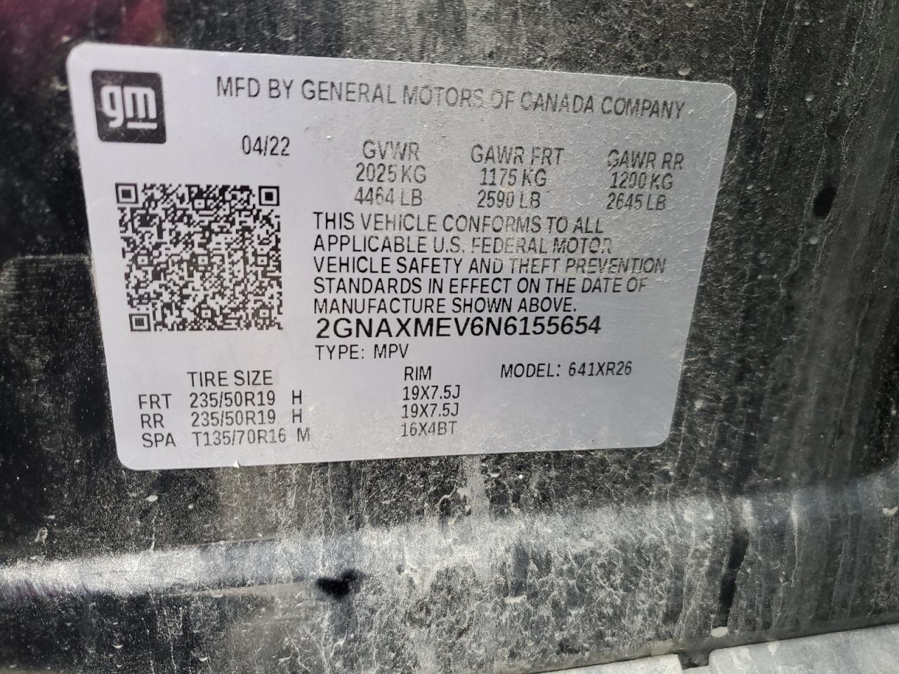 2022 CHEVROLET EQUINOX RS VIN:2GNAXMEV6N6155654