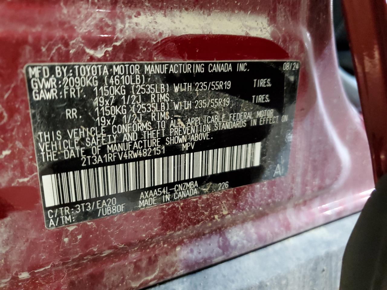 2024 TOYOTA RAV4 XLE PREMIUM VIN:2T3A1RFV4RW482151