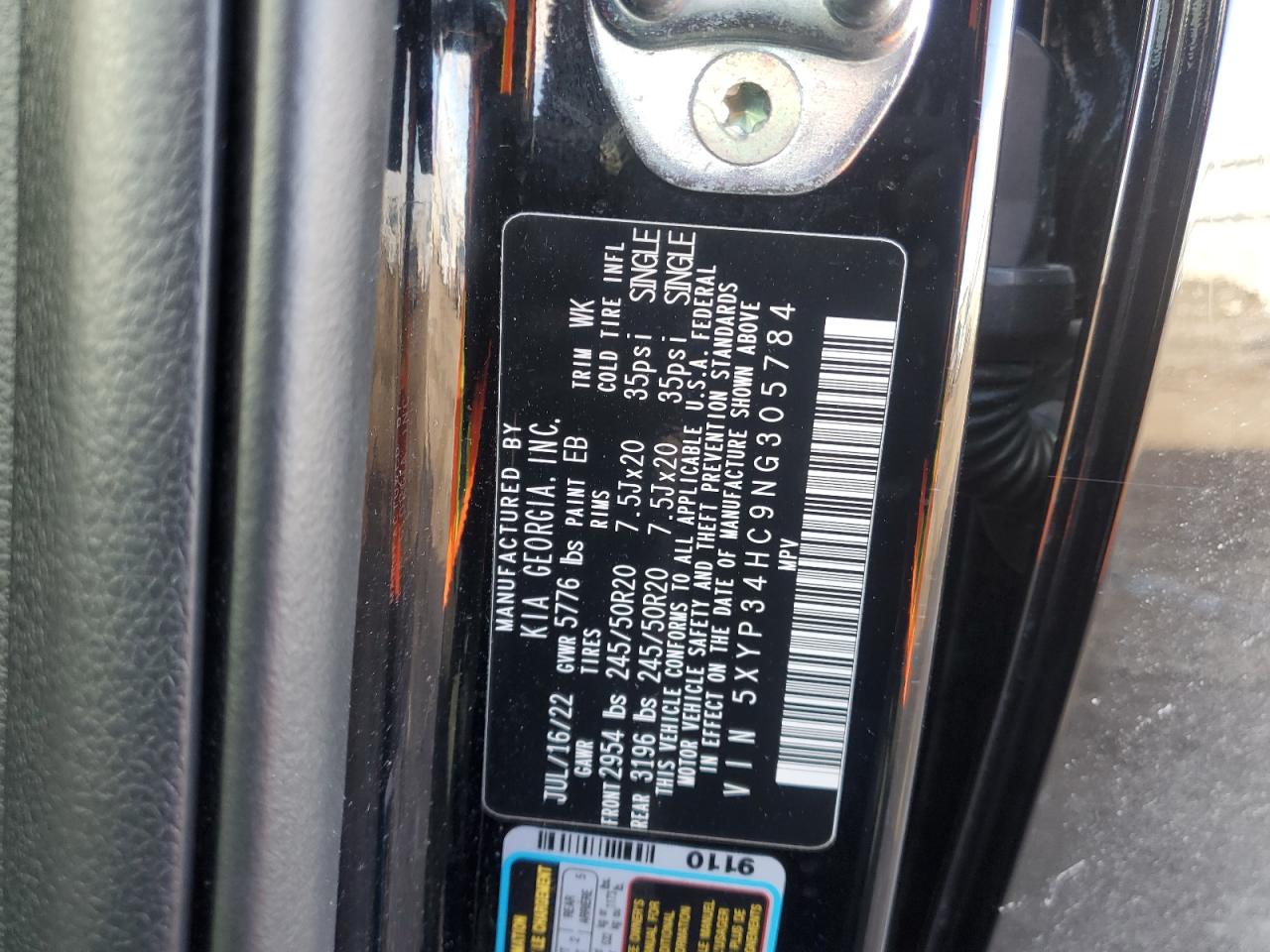 2022 KIA TELLURIDE EX VIN:5XYP34HC9NG305784