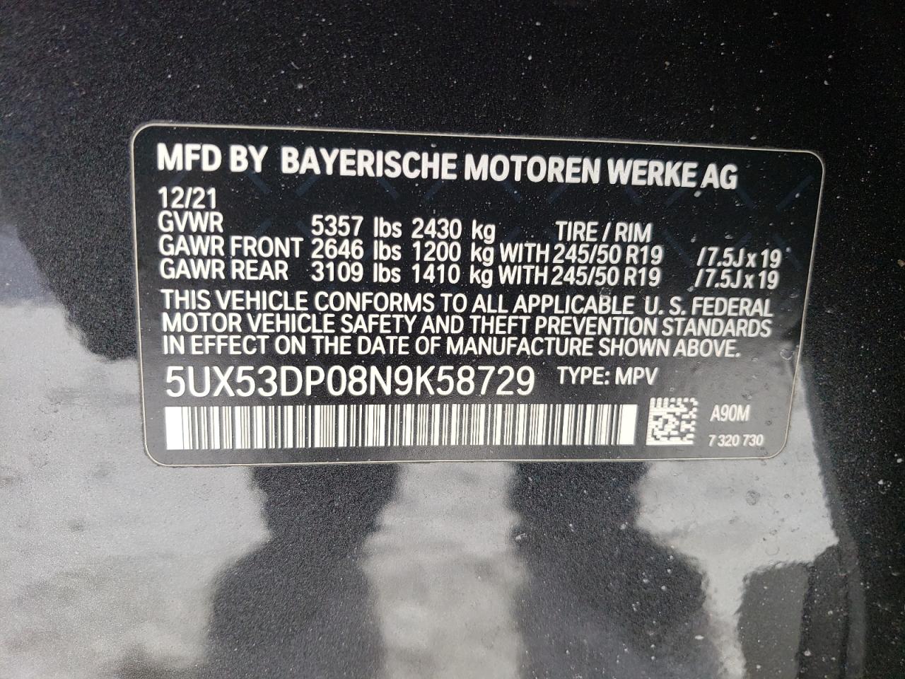 2022 BMW X3 XDRIVE30I VIN:5UX53DP08N9K58729