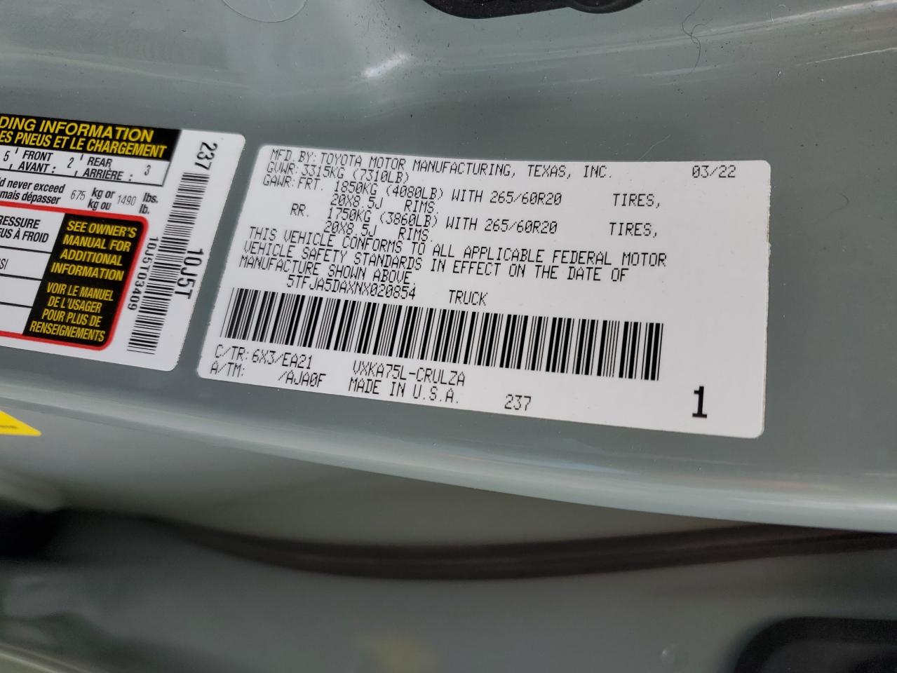 2022 TOYOTA TUNDRA DOUBLE CAB LIMITED VIN:5TFJA5DAXNX020854