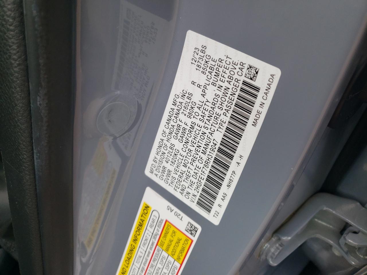 2024 HONDA CIVIC EX VIN:2HGFE1F78RH319047