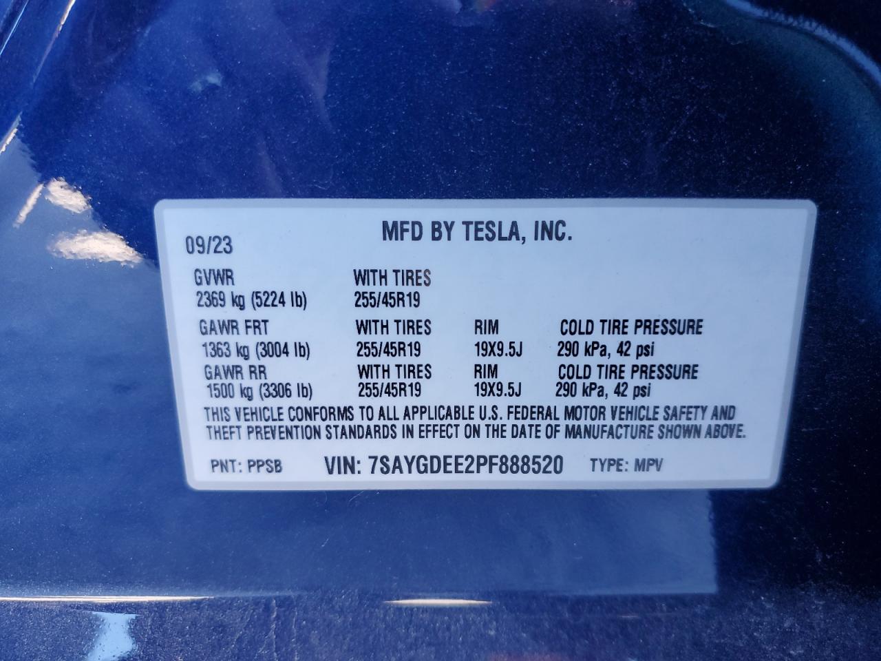 2023 TESLA MODEL Y  VIN:7SAYGDEE2PF888520