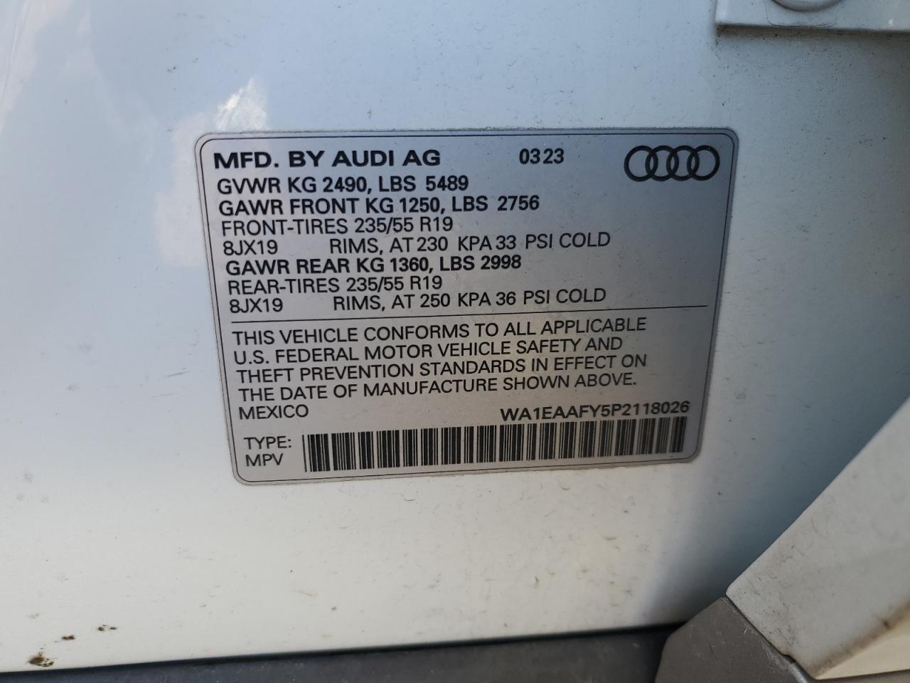 2023 AUDI Q5 PREMIUM PLUS 45 VIN:WA1EAAFY5P2118026