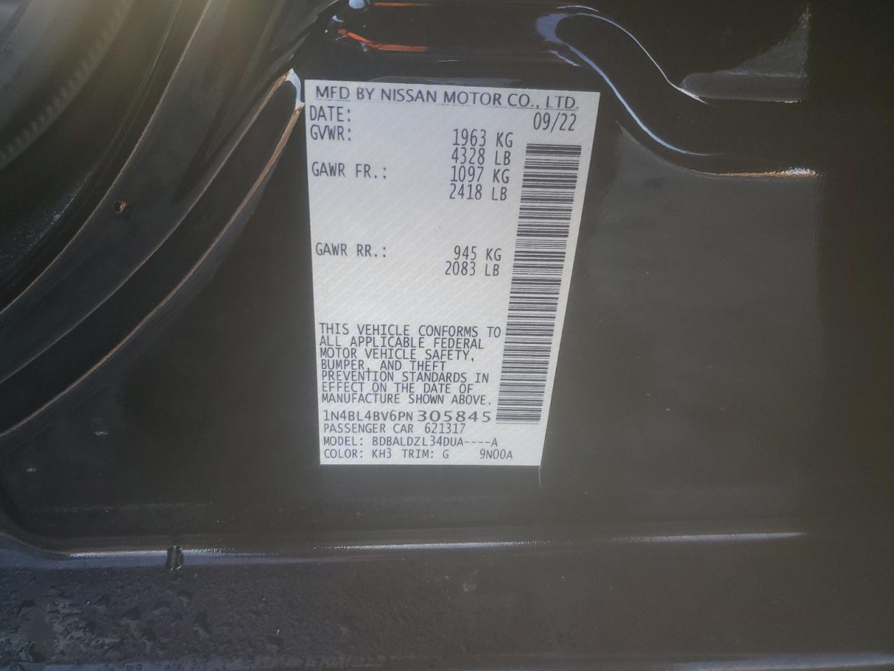 2023 NISSAN ALTIMA S VIN:1N4BL4BV6PN305845