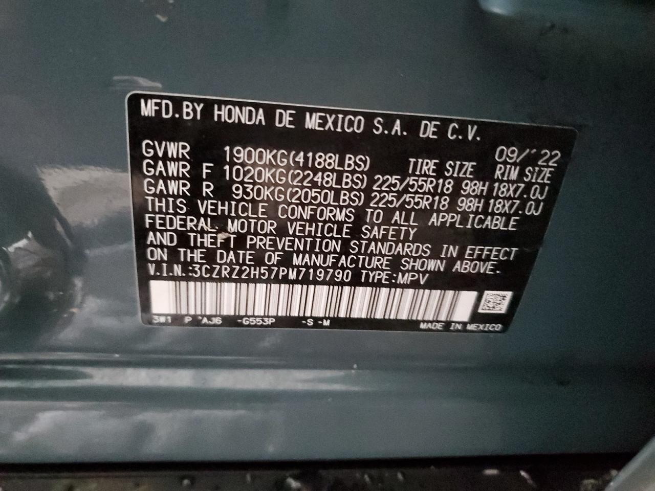 2023 HONDA HR-V SPORT VIN:3CZRZ2H57PM719790