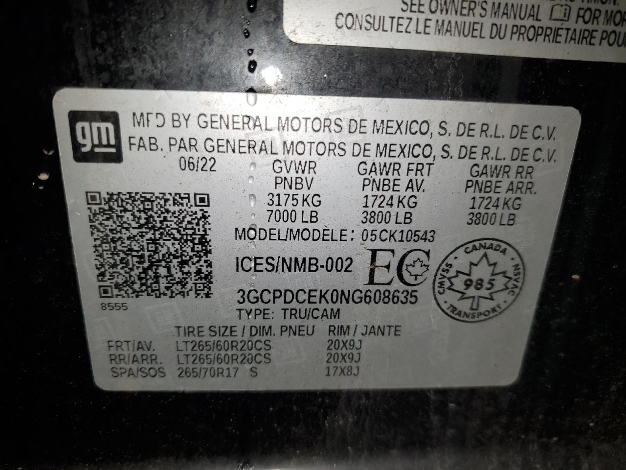 2022 CHEVROLET SILVERADO K1500 TRAIL BOSS CUSTOM VIN:3GCPDCEK0NG608635