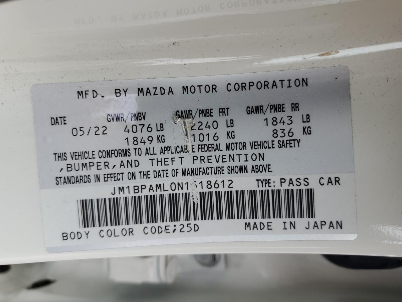 2022 MAZDA 3 PREMIUM VIN:JM1BPAML0N1518612