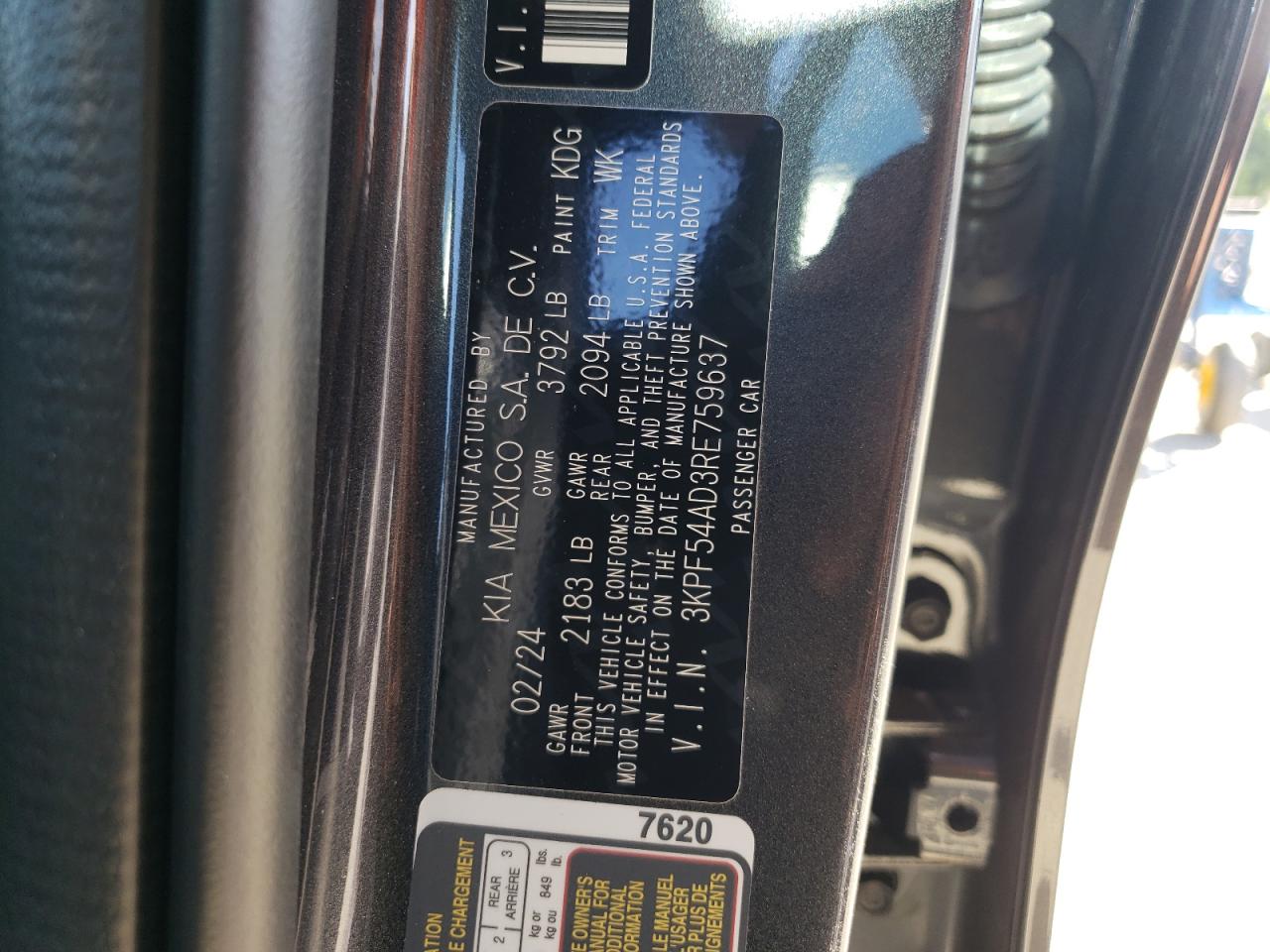 2024 KIA FORTE GT LINE VIN:3KPF54AD3RE759637