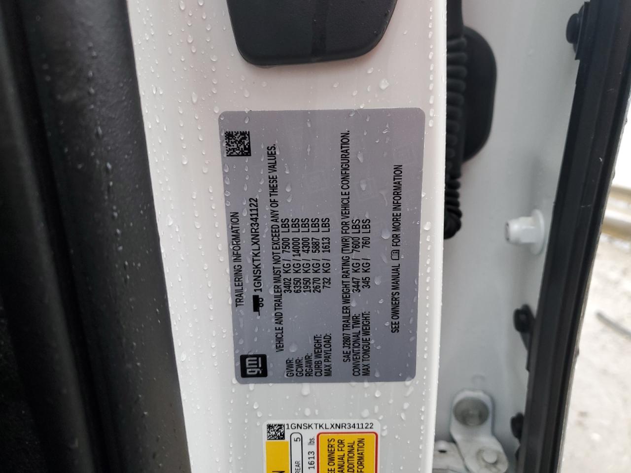 2022 CHEVROLET TAHOE K1500 HIGH COUNTRY VIN:1GNSKTKLXNR341122