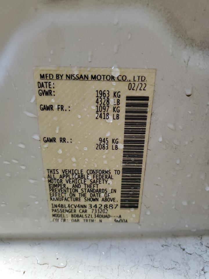 2022 NISSAN ALTIMA SR VIN:1N4BL4CV4NN342887