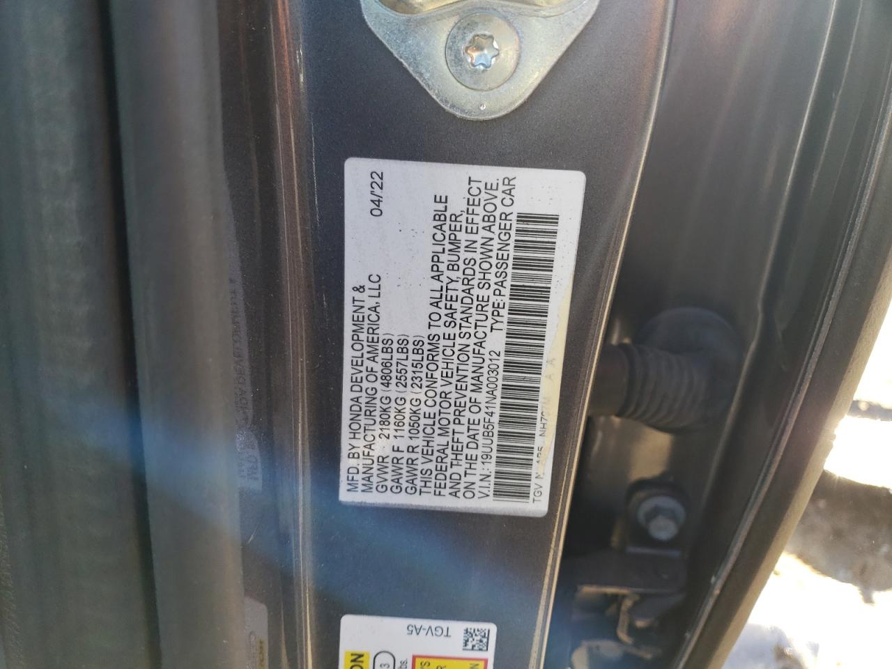 2022 ACURA TLX TECHNOLOGY VIN:19UUB5F41NA003012