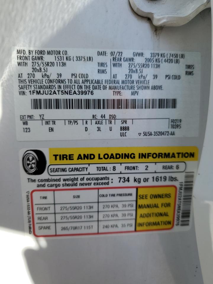 2022 FORD EXPEDITION LIMITED VIN:1FMJU2AT5NEA39976