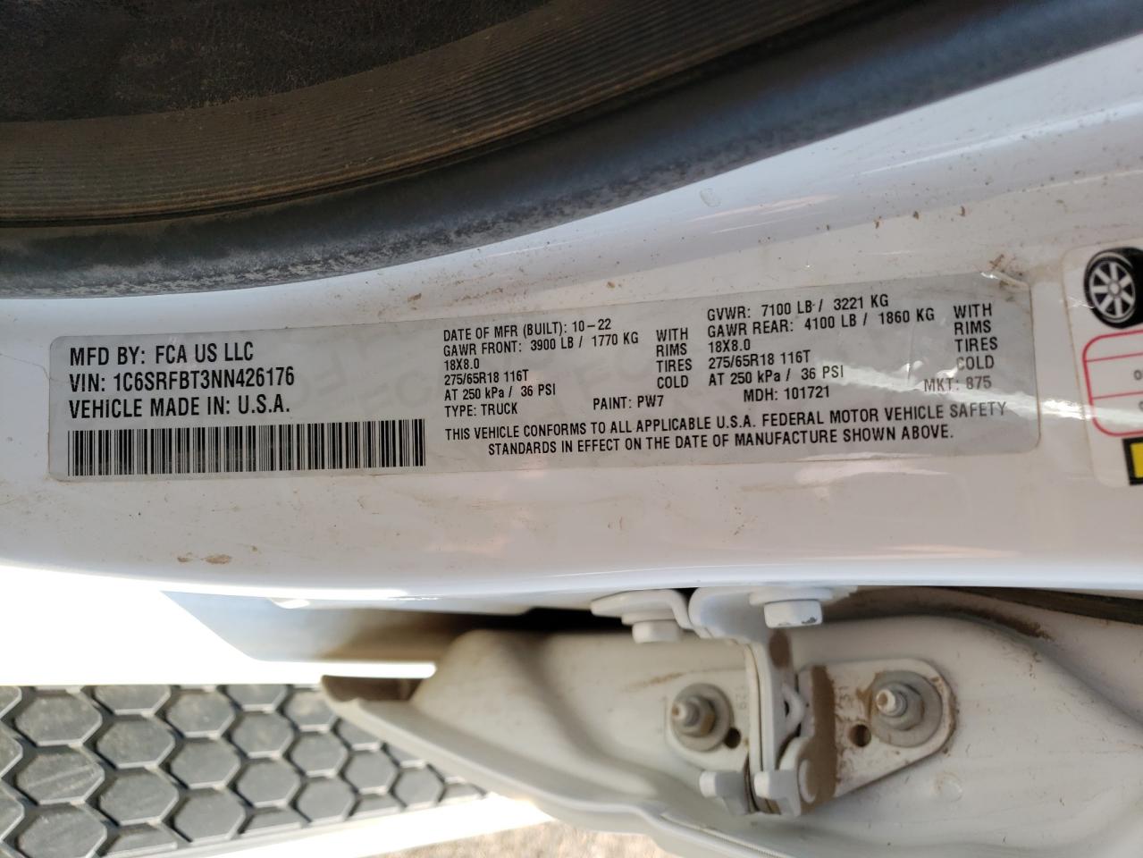 2022 RAM 1500 BIG HORN/LONE STAR VIN:1C6SRFBT3NN426176