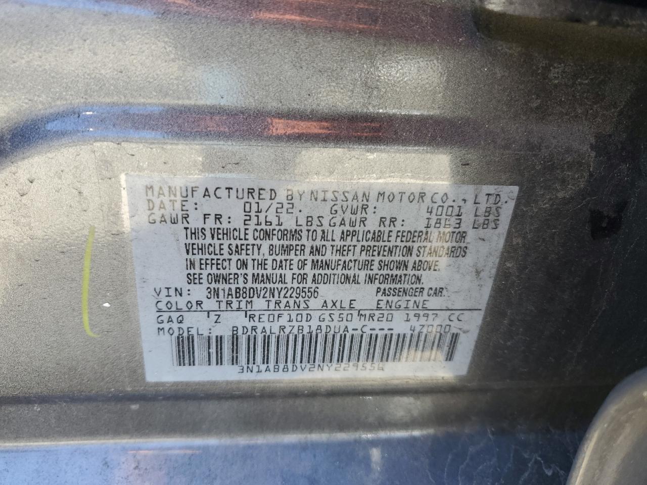 2022 NISSAN SENTRA SR VIN:3N1AB8DV2NY229556