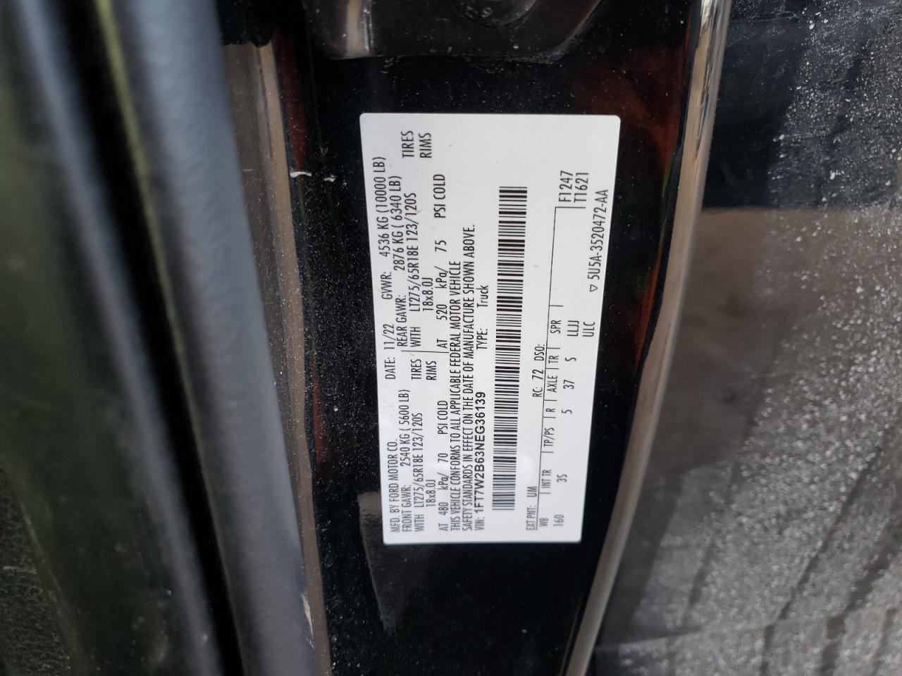 2022 FORD F250 SUPER DUTY VIN:1FT7W2B63NEG36139