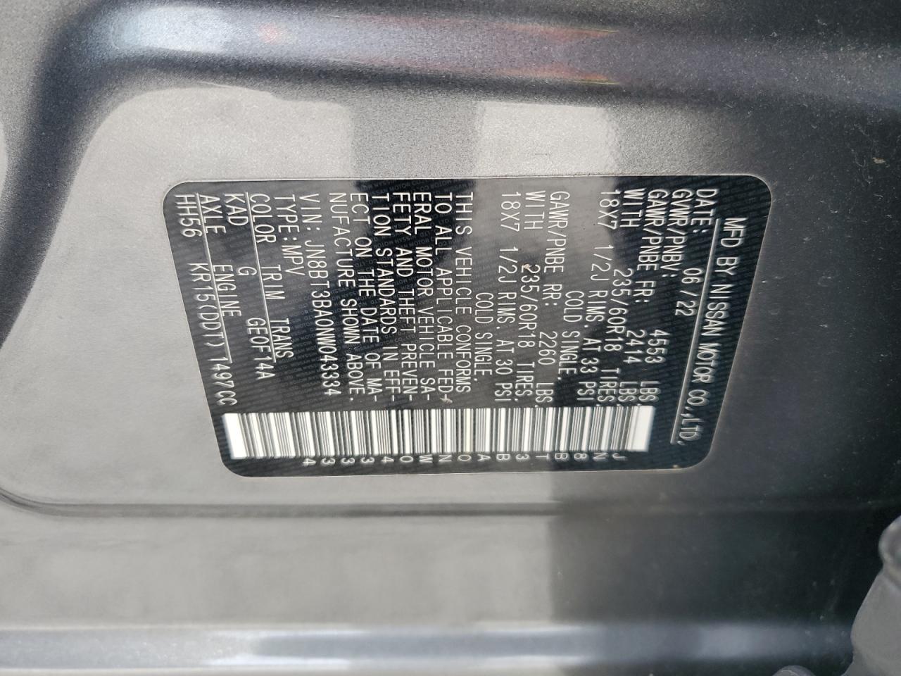 2022 NISSAN ROGUE SV VIN:JN8BT3BA0NW043334