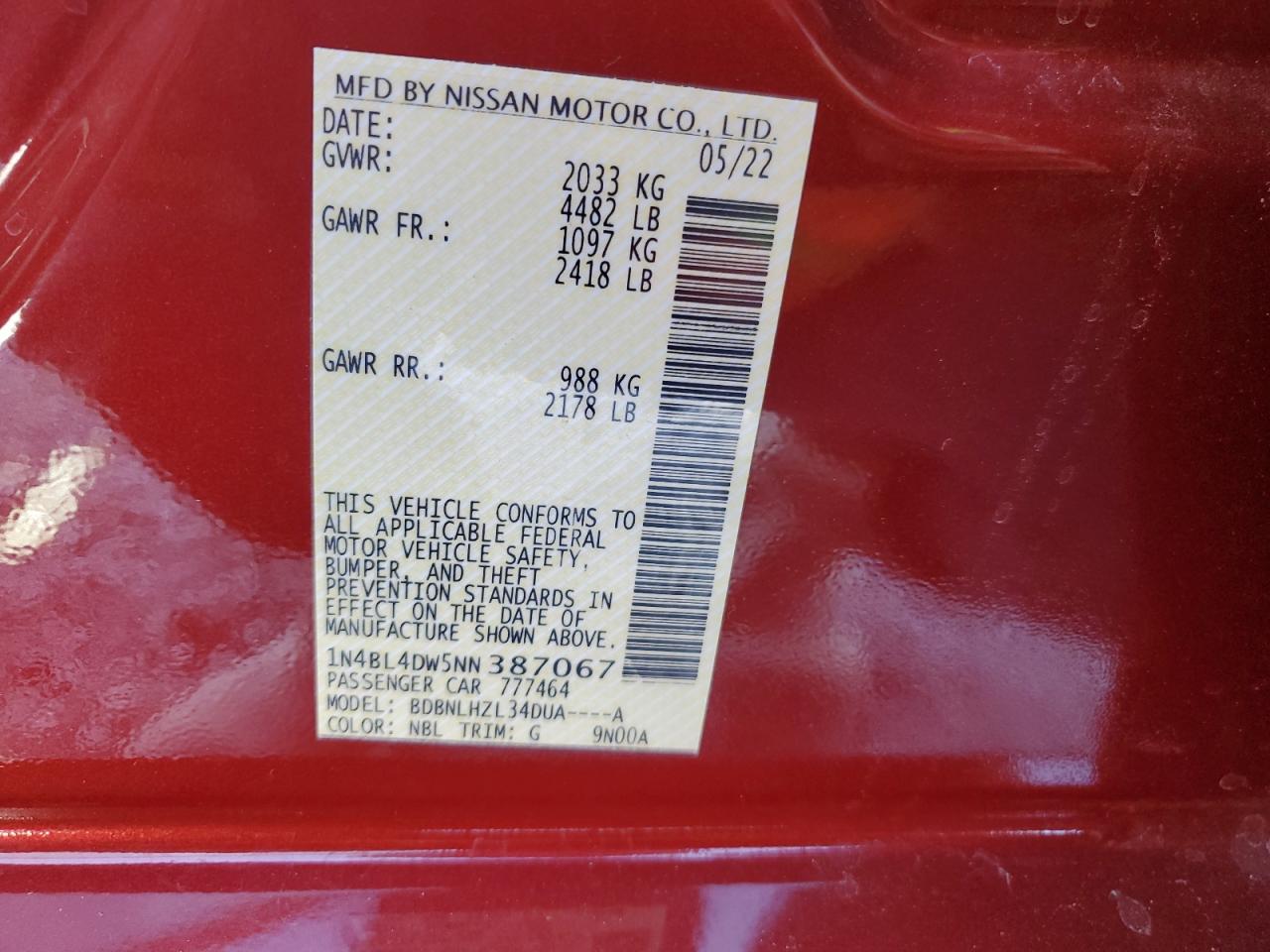 2022 NISSAN ALTIMA SV VIN:1N4BL4DW5NN387067